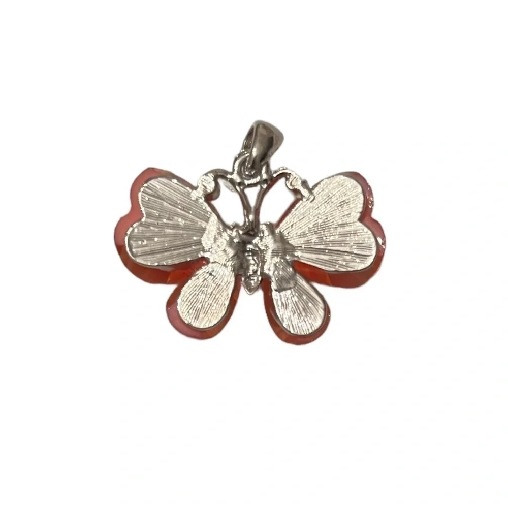 Orange Crystal Butterfly Pendant Necklace – Silver Tone Chain Sparkly Statement